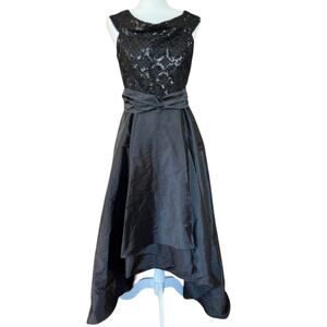 Adrianna Papell Black High Low Gown Sequin Lace Bodice Taffeta Formal Dress 12